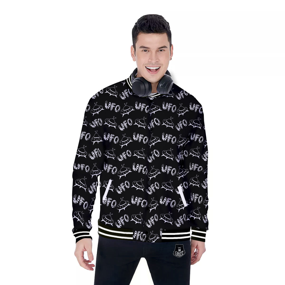 UFO White And Black Print Pattern Baseball Jacket-grizzshop