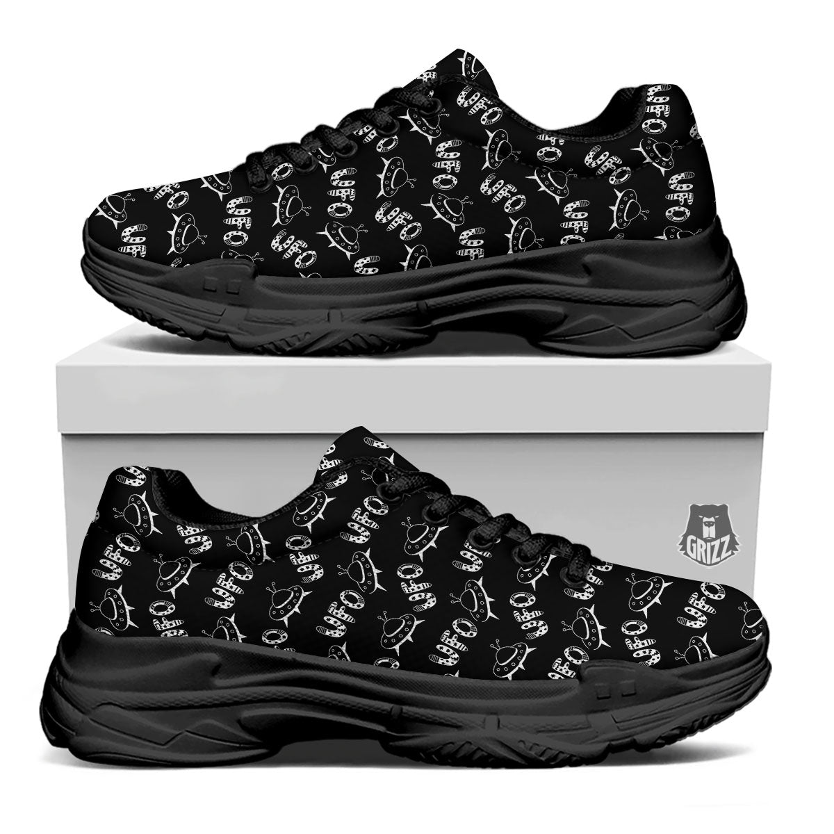UFO White And Black Print Pattern Black Chunky Shoes-grizzshop