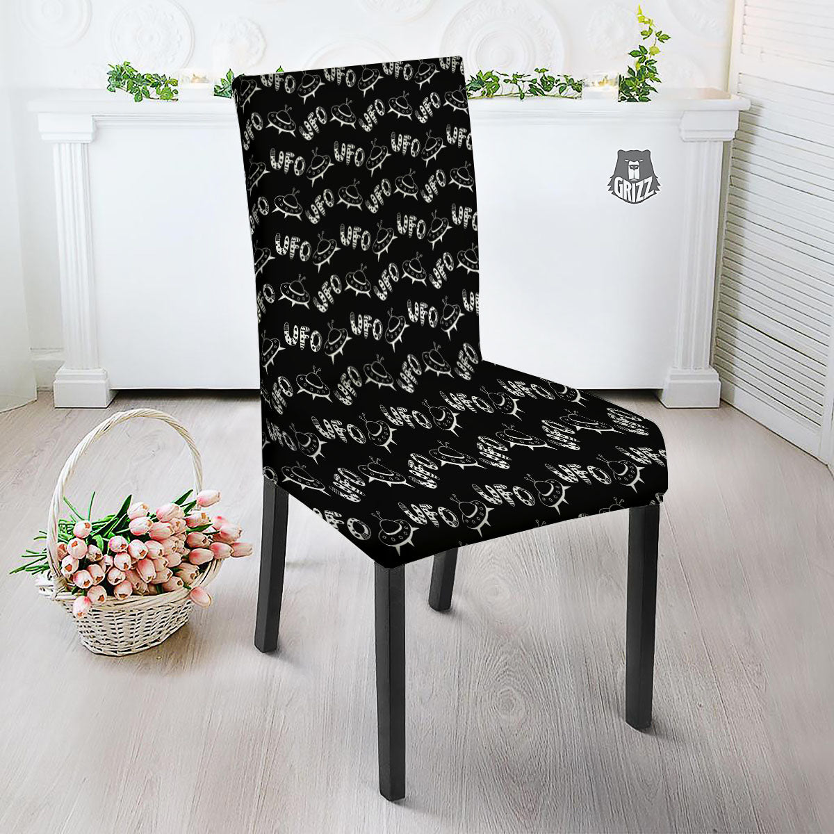 UFO White And Black Print Pattern Dining Chair Slipcover-grizzshop