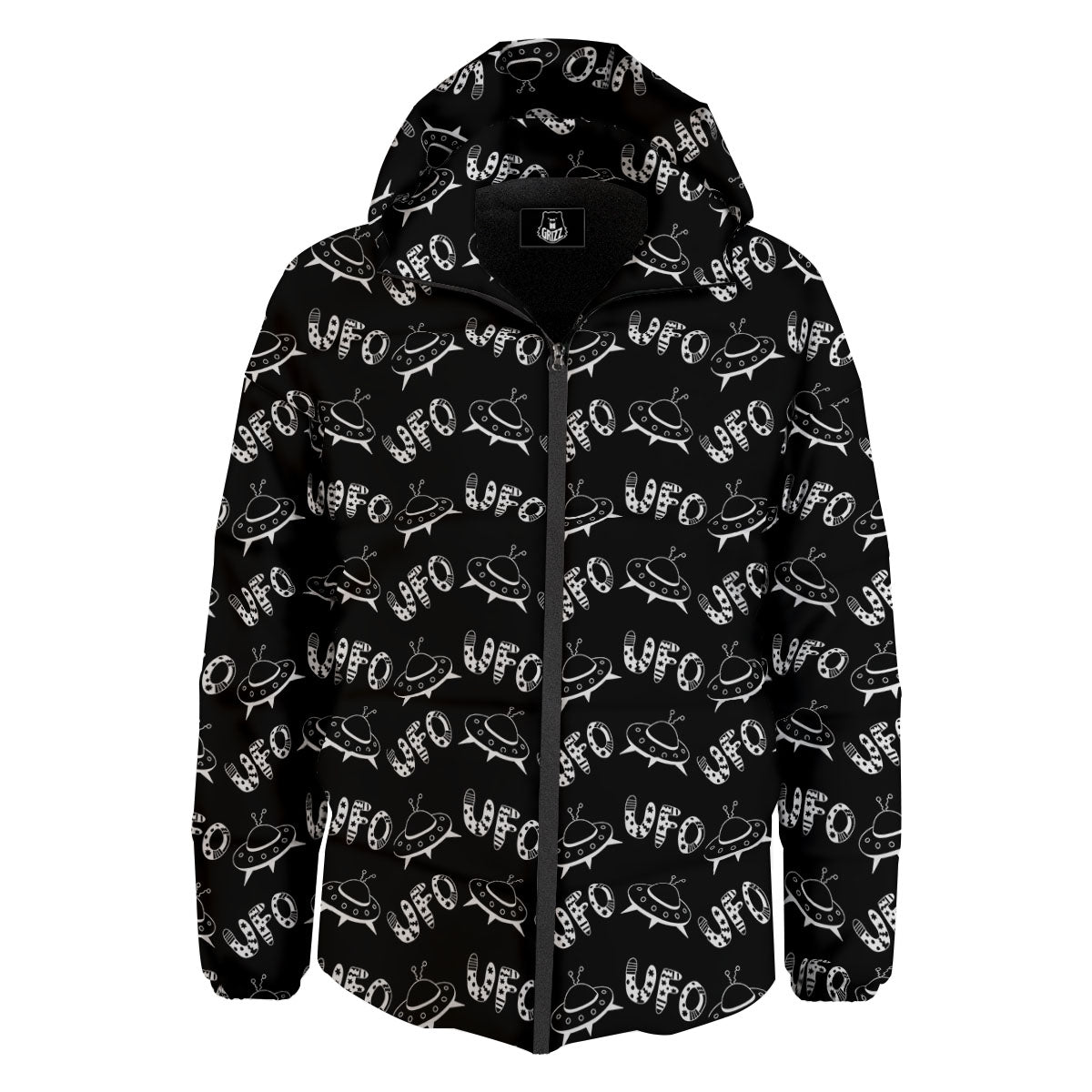 UFO White And Black Print Pattern Down Jacket-grizzshop