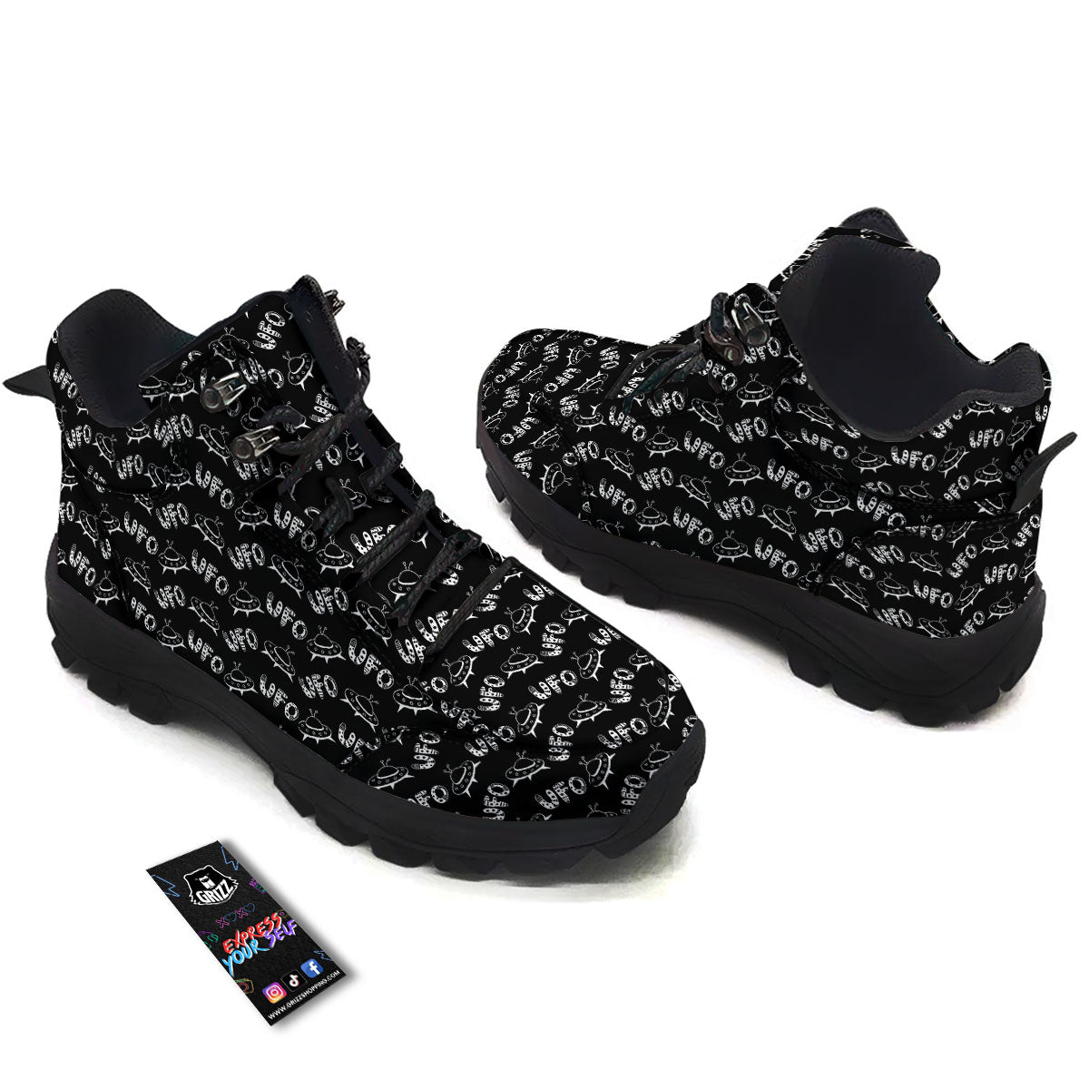 UFO White And Black Print Pattern Hiking Shoes-grizzshop
