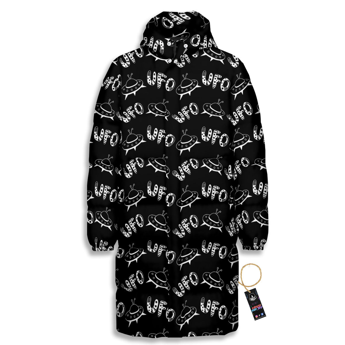 UFO White And Black Print Pattern Long Down Jacket-grizzshop