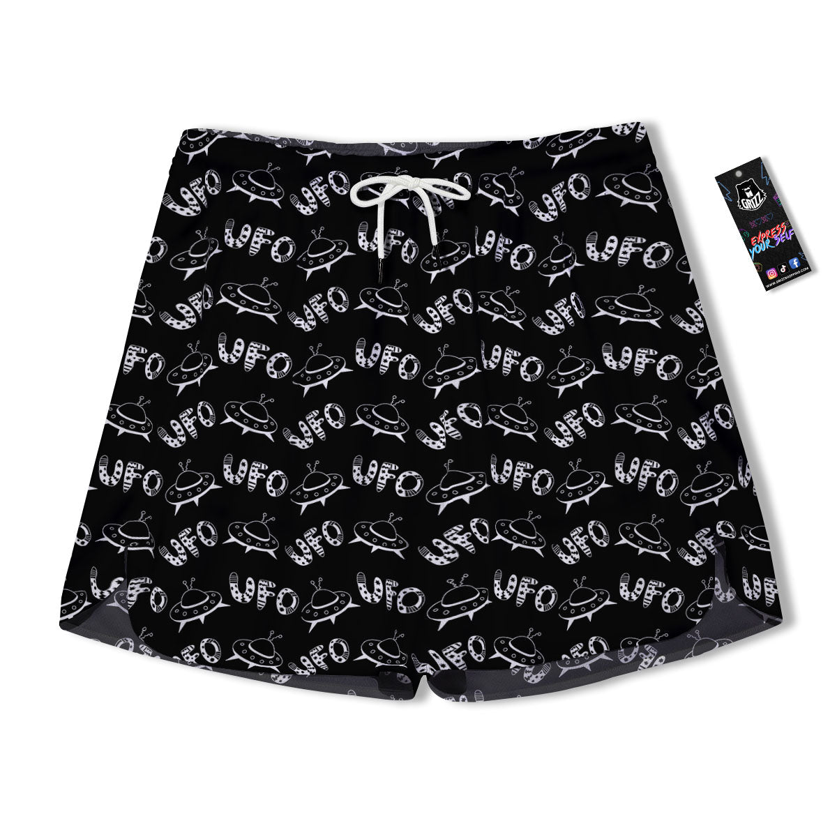 UFO White And Black Print Pattern Men's Running Shorts-grizzshop