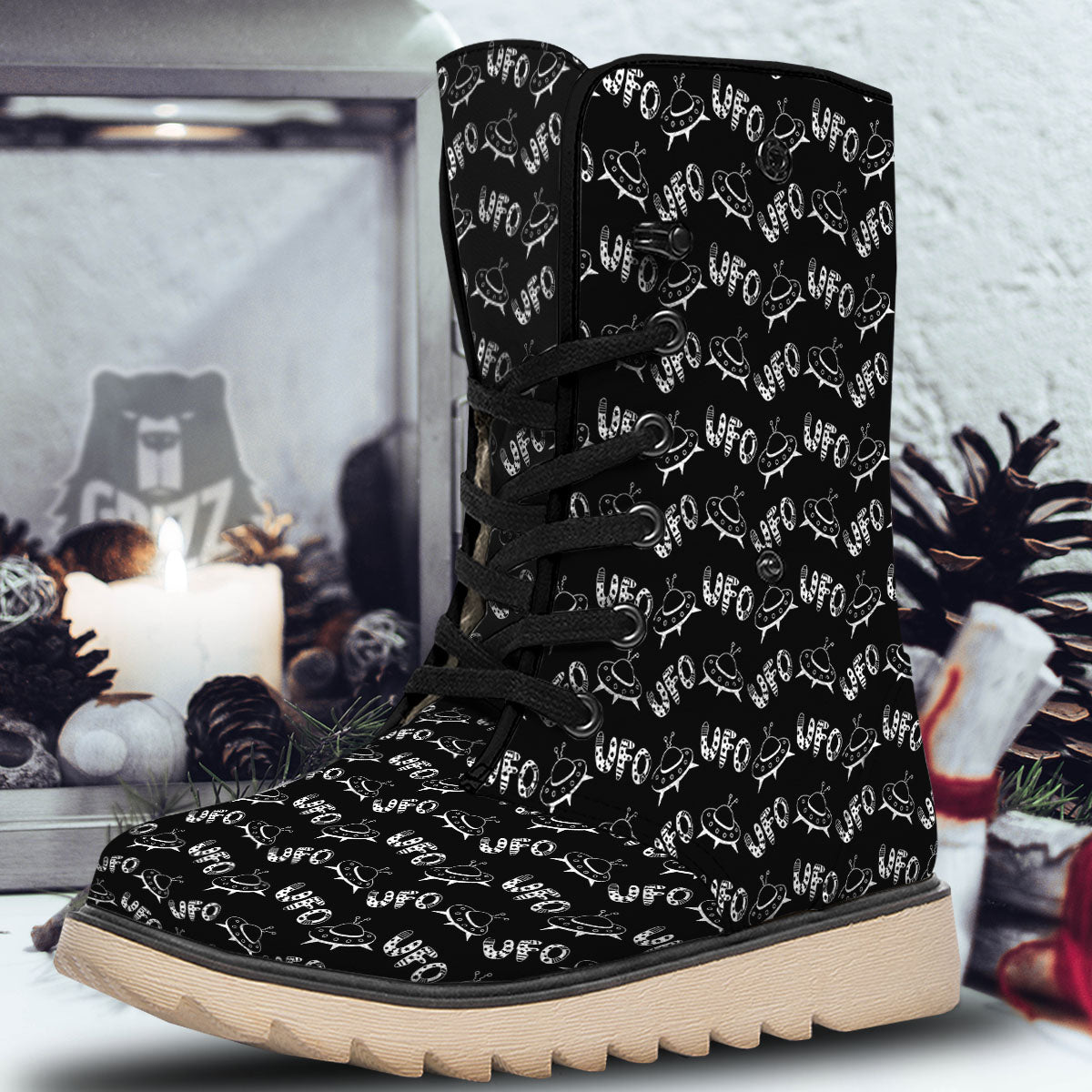 UFO White And Black Print Pattern Snow Boots-grizzshop