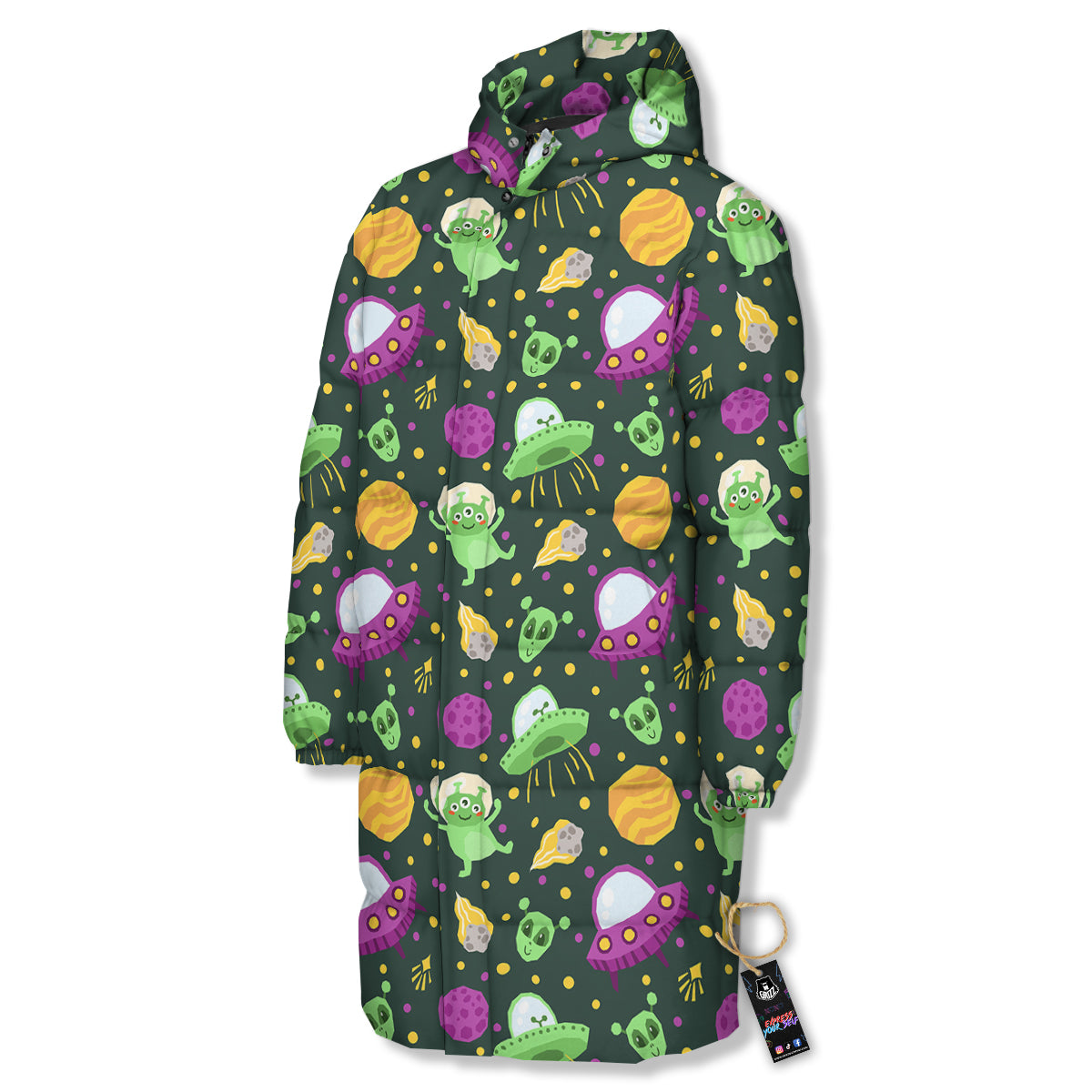 UFO Little Green Alien Print Pattern Long Down Jacket