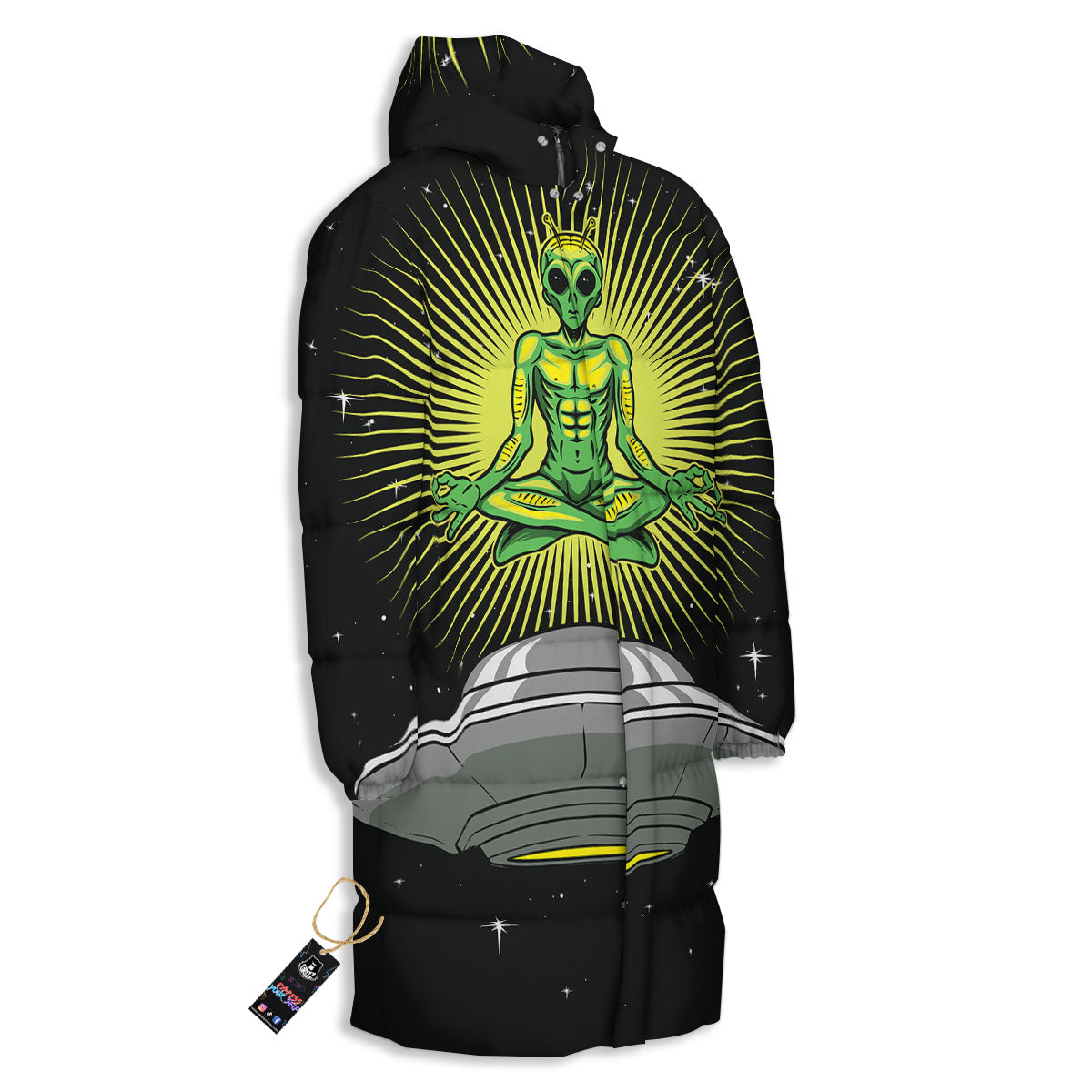 UFO Space Green Alien Print Long Down Jacket