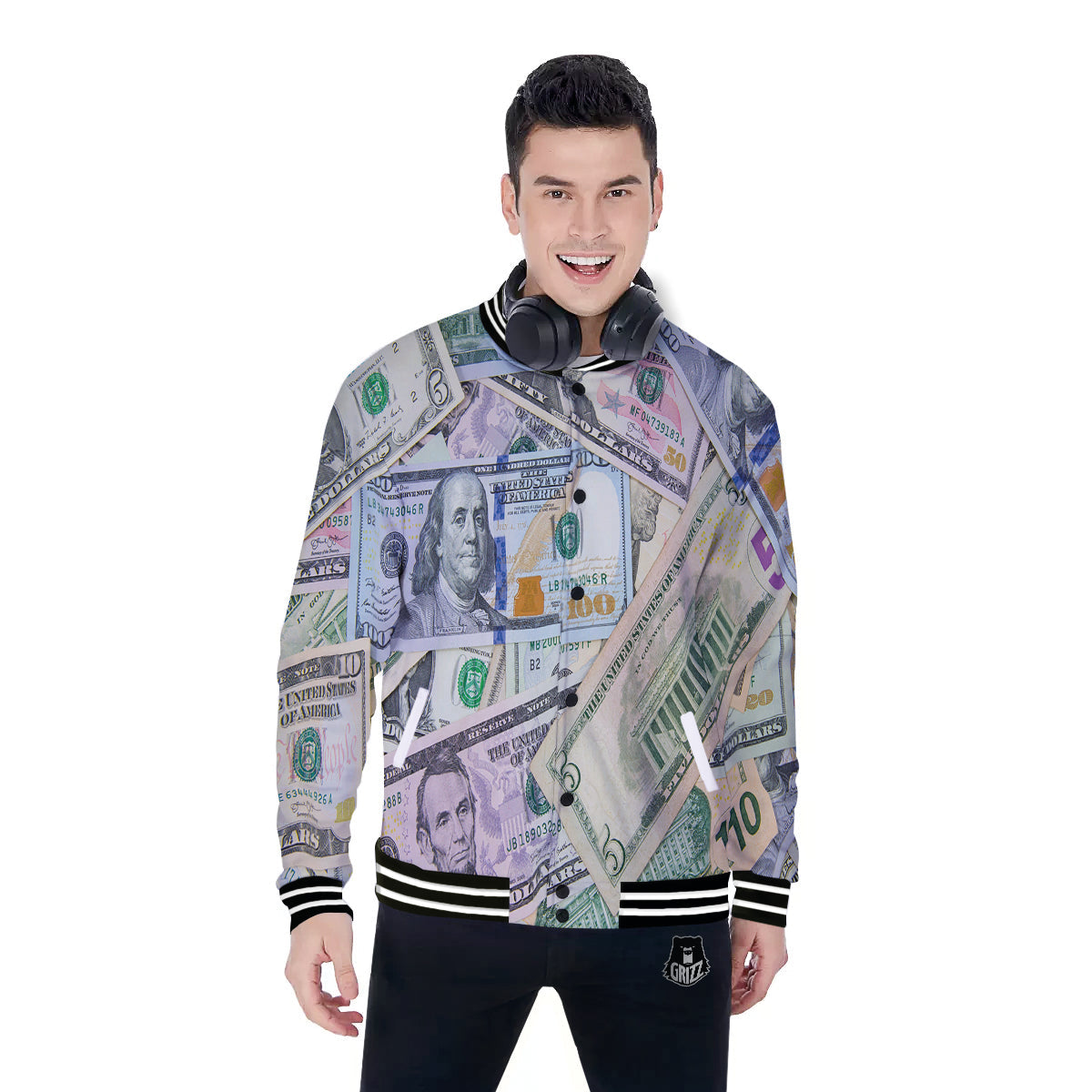 US Dollar Print Baseball Jacket-grizzshop