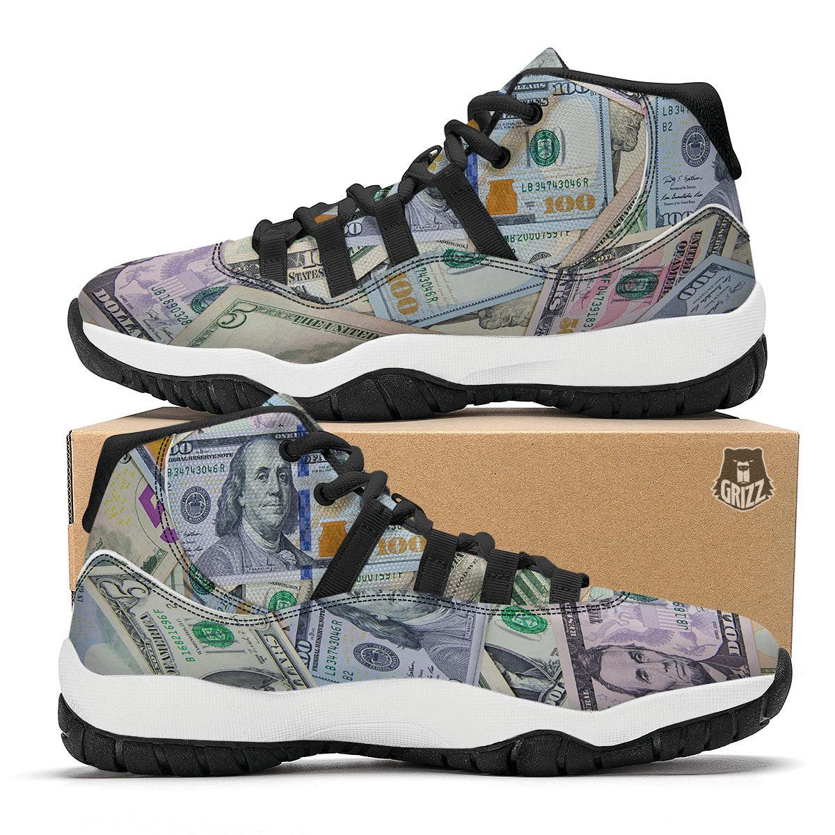 US Dollar Print Black Bball Shoes-grizzshop