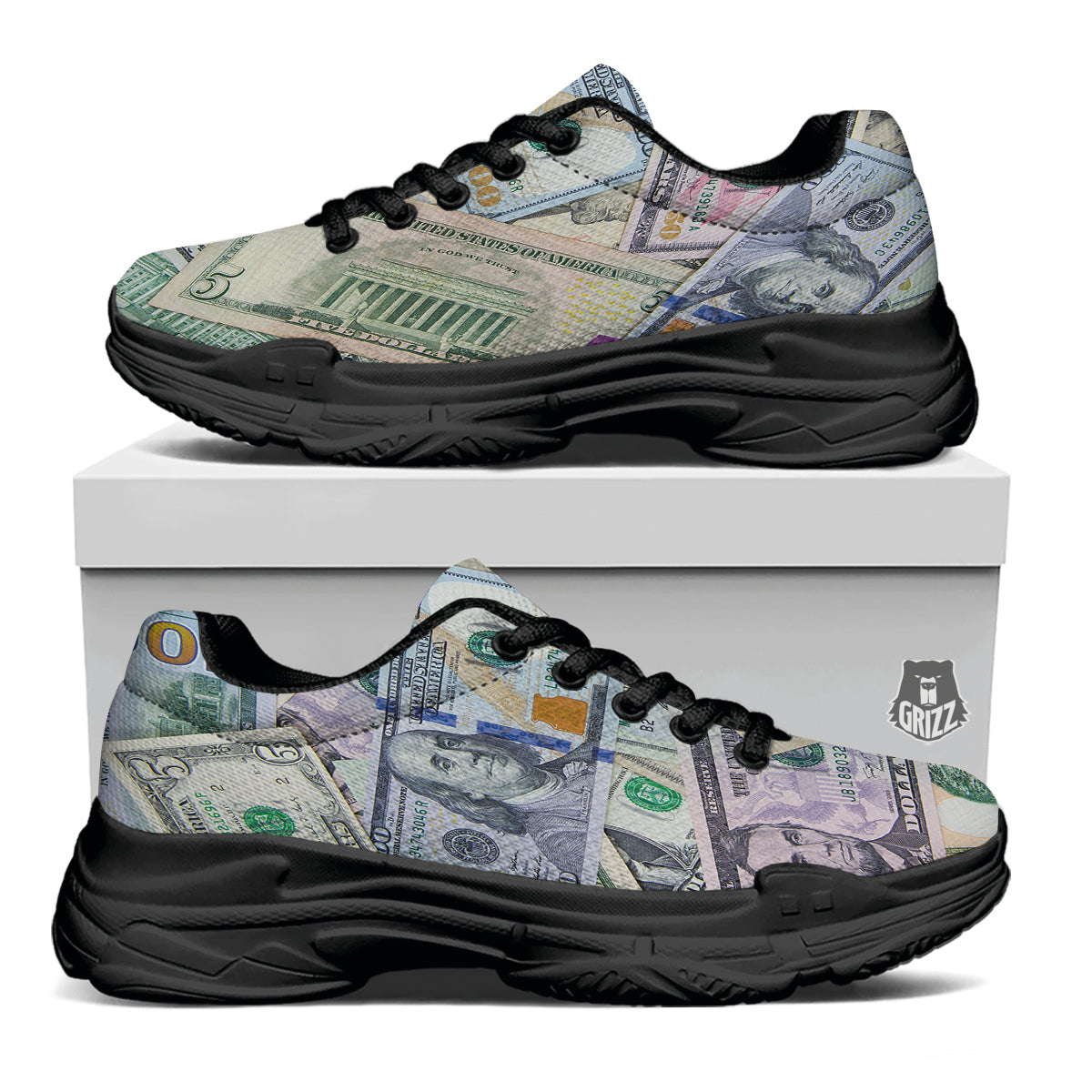 US Dollar Print Black Chunky Shoes-grizzshop