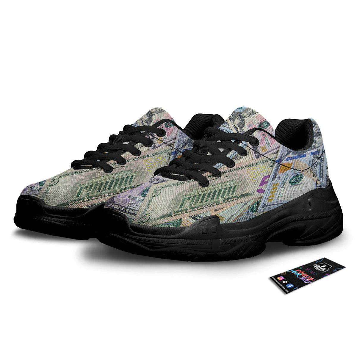 US Dollar Print Black Chunky Shoes-grizzshop