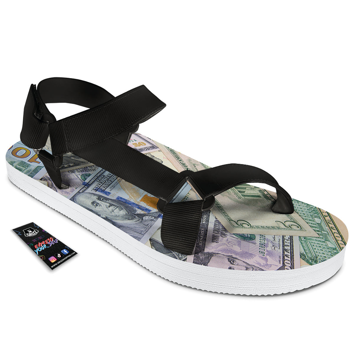 US Dollar Print Black Open Toe Sandals-grizzshop
