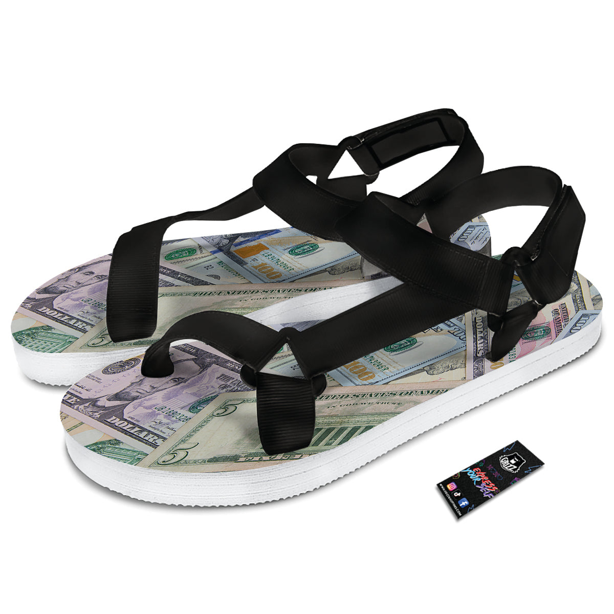US Dollar Print Black Open Toe Sandals-grizzshop
