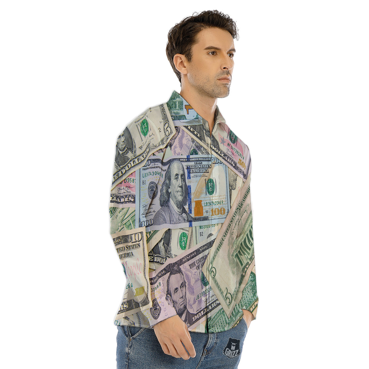 US Dollar Print Men's Dress Shirts-grizzshop