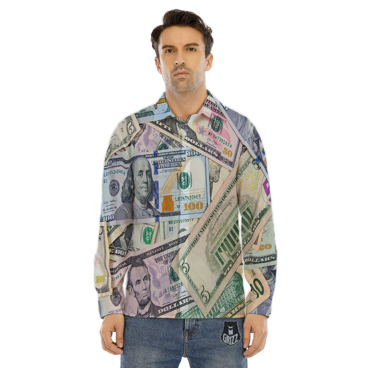 US Dollar Print Men's Dress Shirts-grizzshop