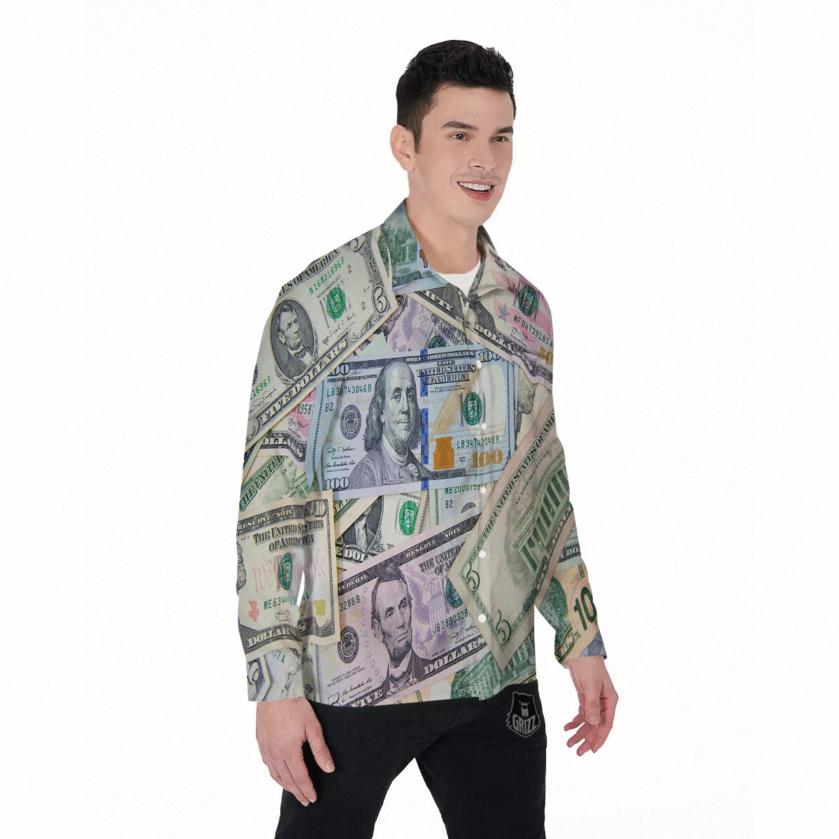 US Dollar Print Men's Long Sleeve Shirts-grizzshop