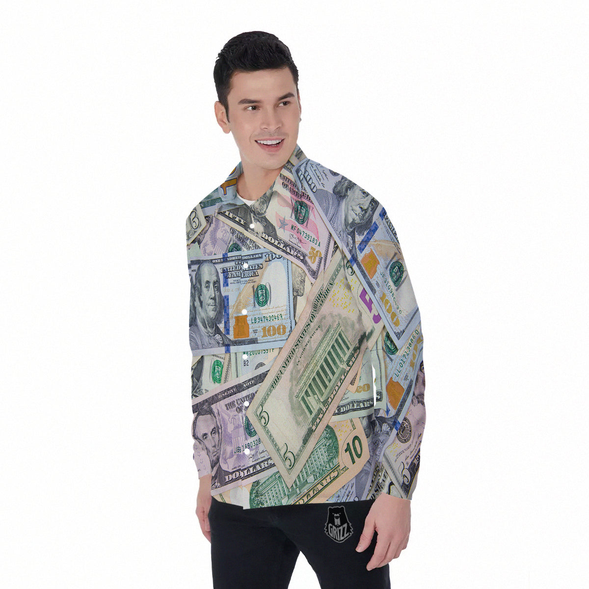 US Dollar Print Men's Long Sleeve Shirts-grizzshop