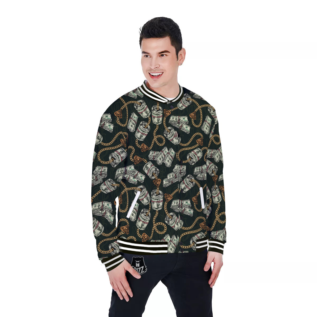 US Dollar Print Pattern Baseball Jacket-grizzshop