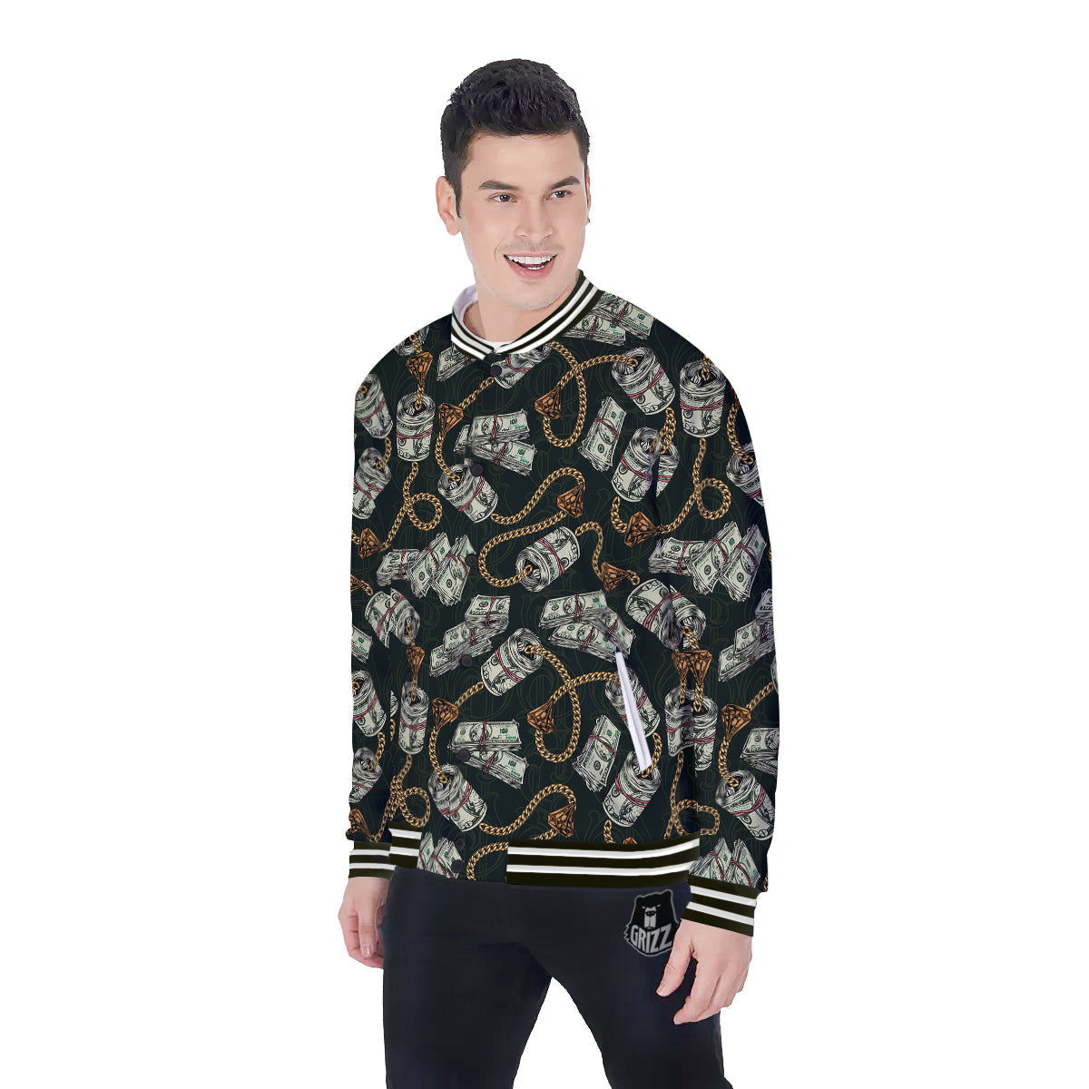 US Dollar Print Pattern Baseball Jacket-grizzshop