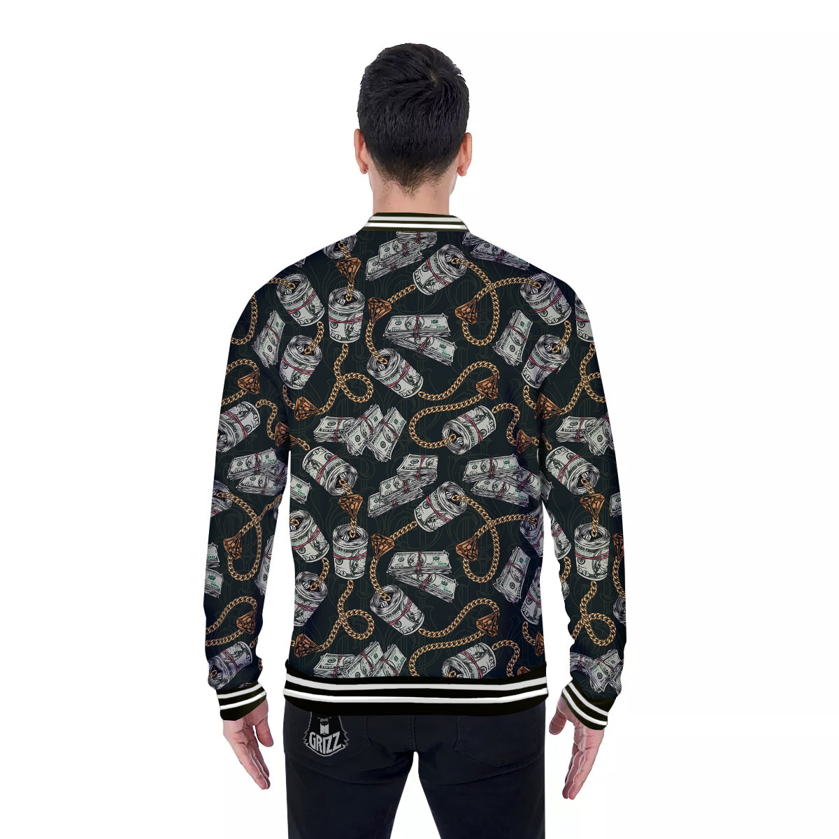 US Dollar Print Pattern Baseball Jacket-grizzshop