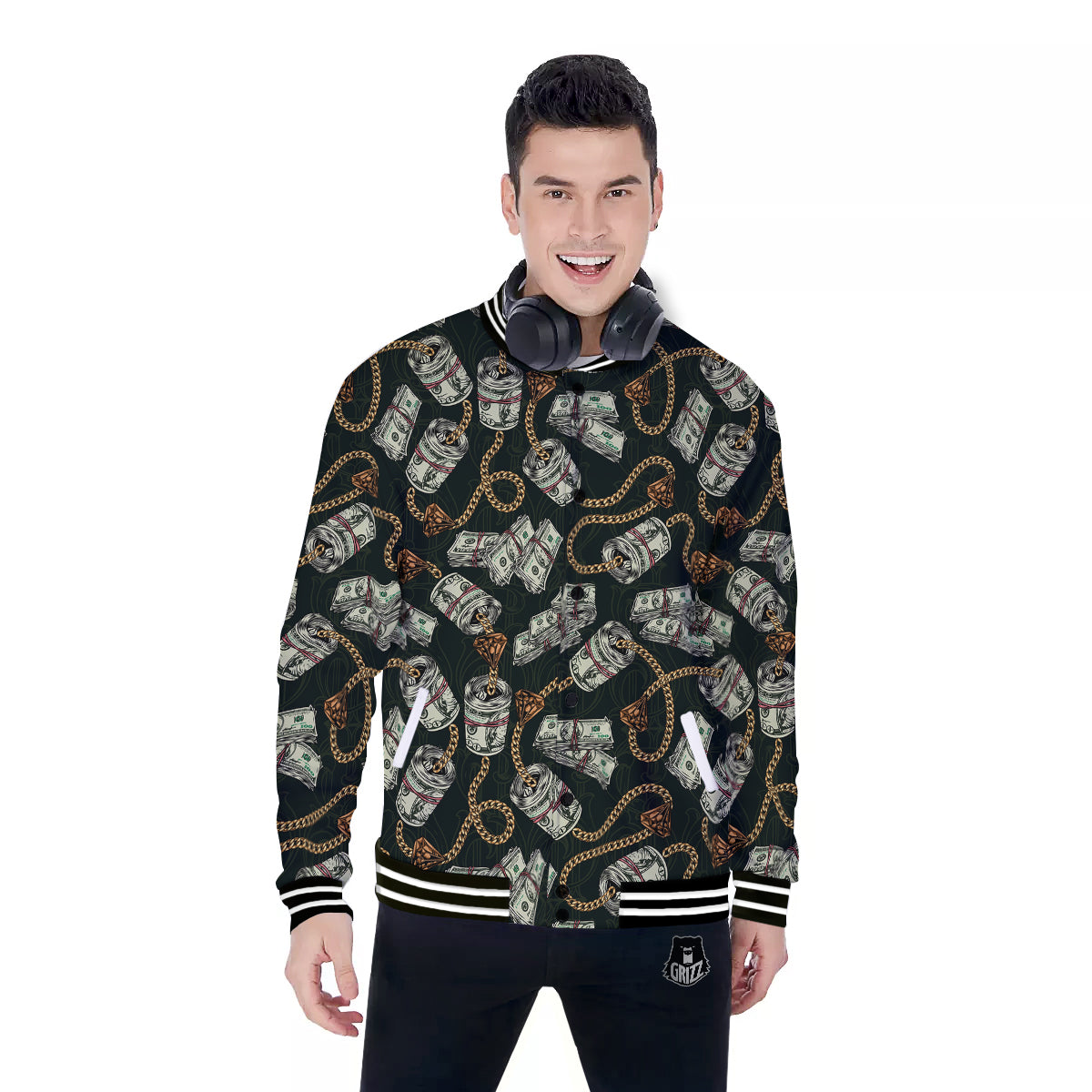 US Dollar Print Pattern Baseball Jacket-grizzshop
