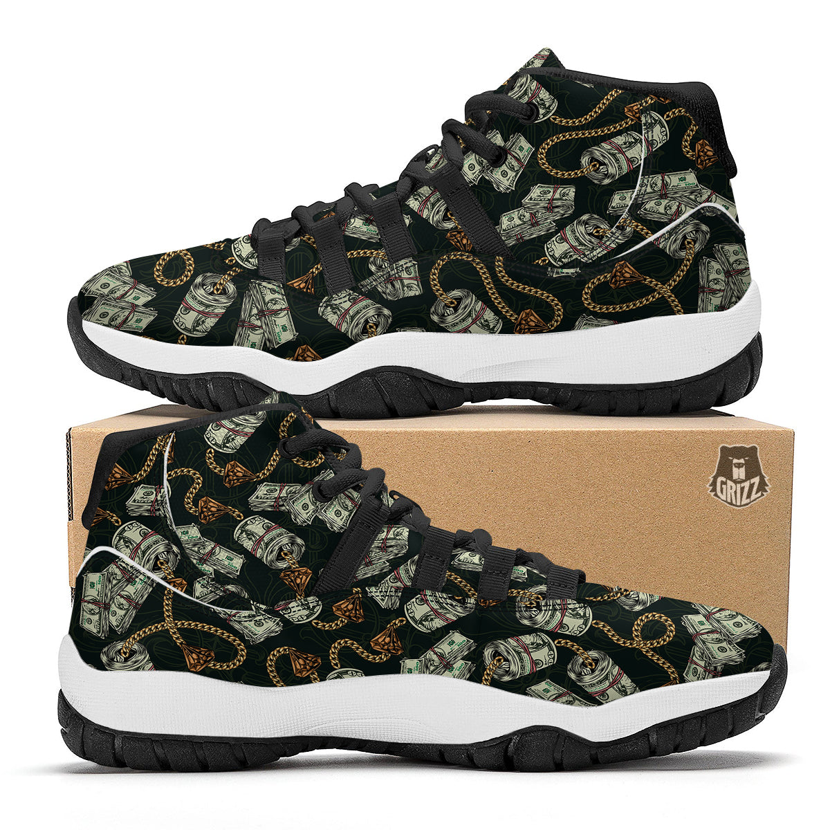 US Dollar Print Pattern Black Bball Shoes-grizzshop
