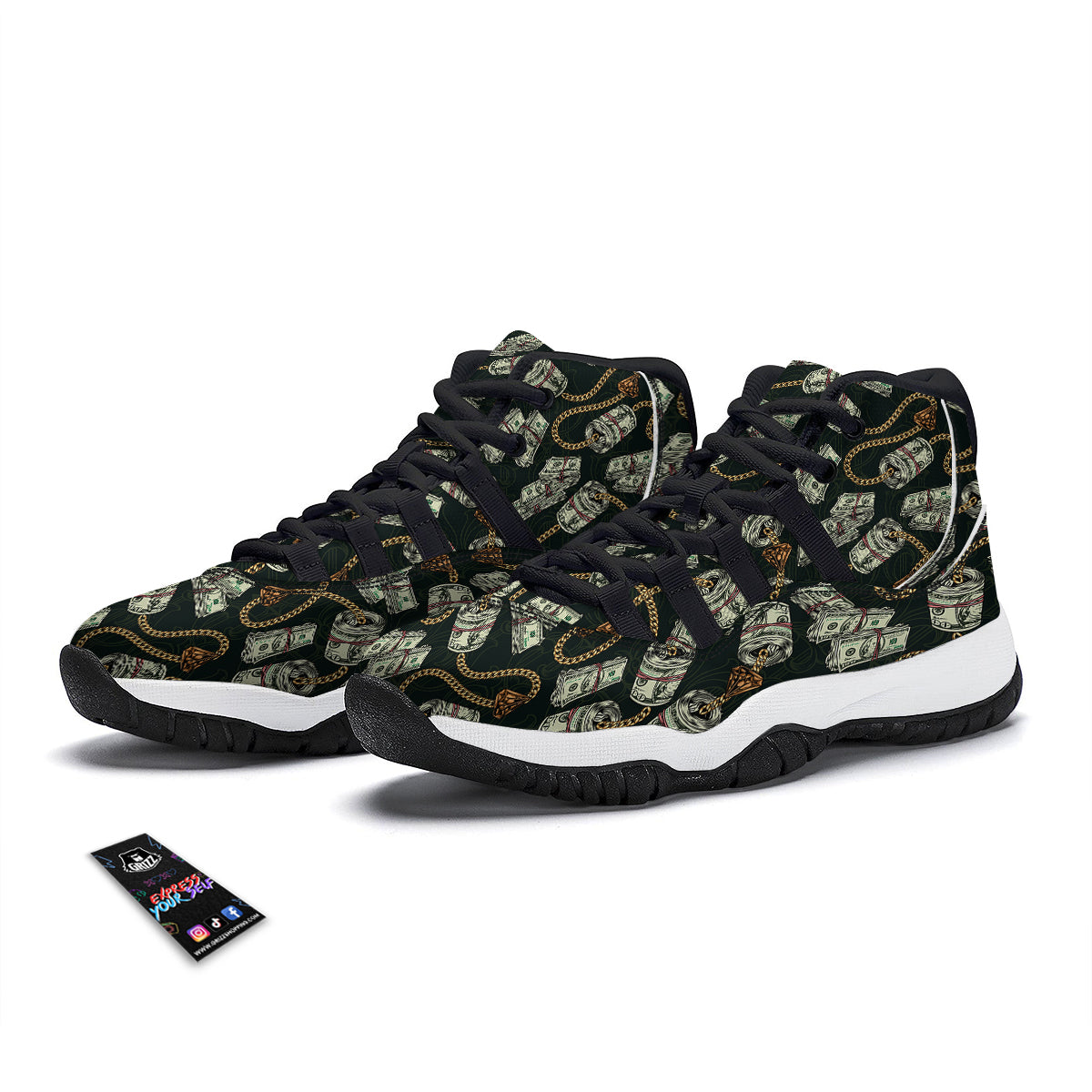 US Dollar Print Pattern Black Bball Shoes-grizzshop
