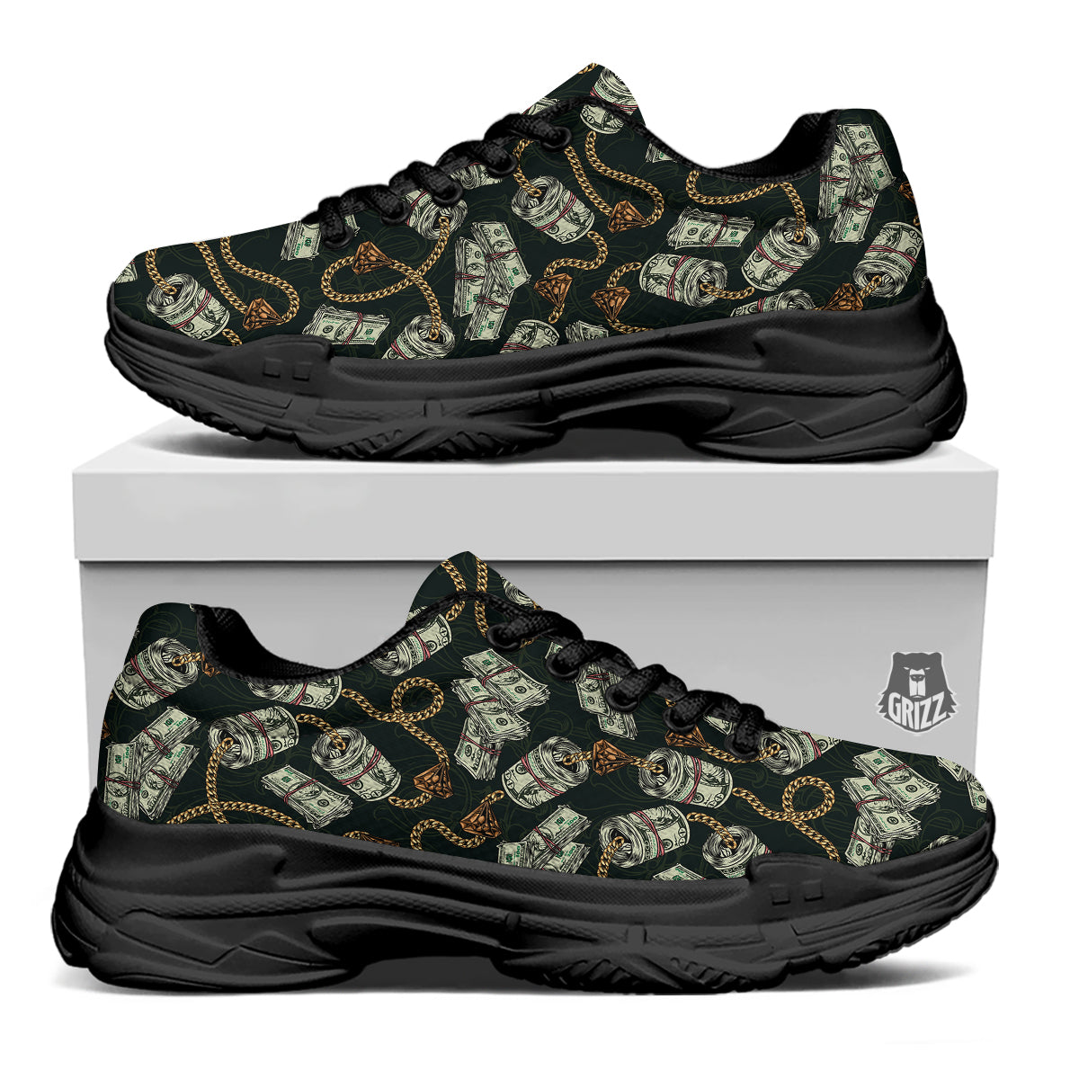 US Dollar Print Pattern Black Chunky Shoes-grizzshop