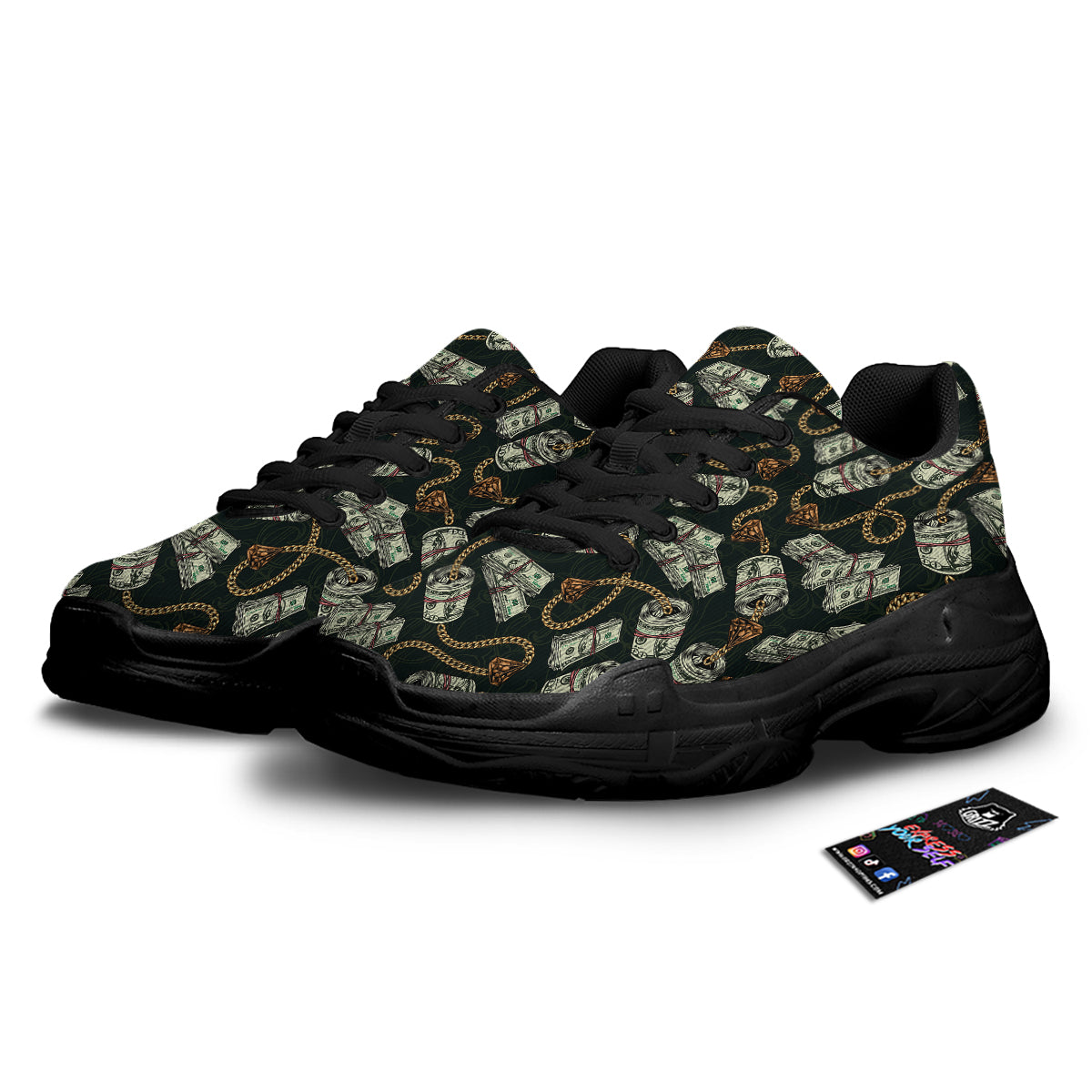 US Dollar Print Pattern Black Chunky Shoes-grizzshop