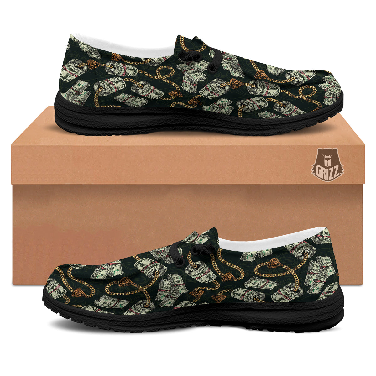 US Dollar Print Pattern Black Loafers-grizzshop