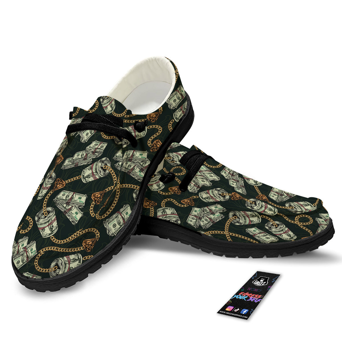 US Dollar Print Pattern Black Loafers-grizzshop