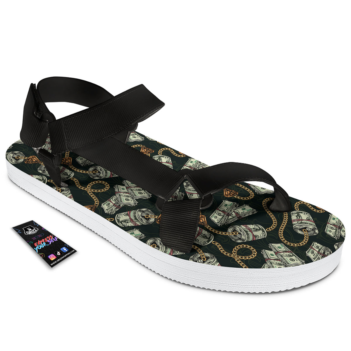 US Dollar Print Pattern Black Open Toe Sandals-grizzshop