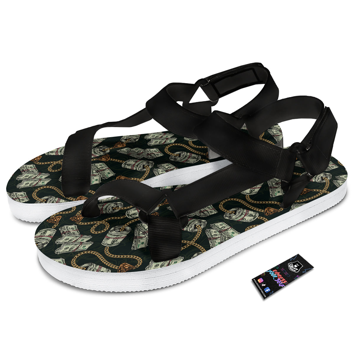 US Dollar Print Pattern Black Open Toe Sandals-grizzshop