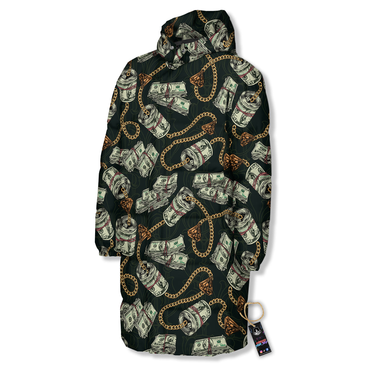 US Dollar Print Pattern Long Down Jacket-grizzshop