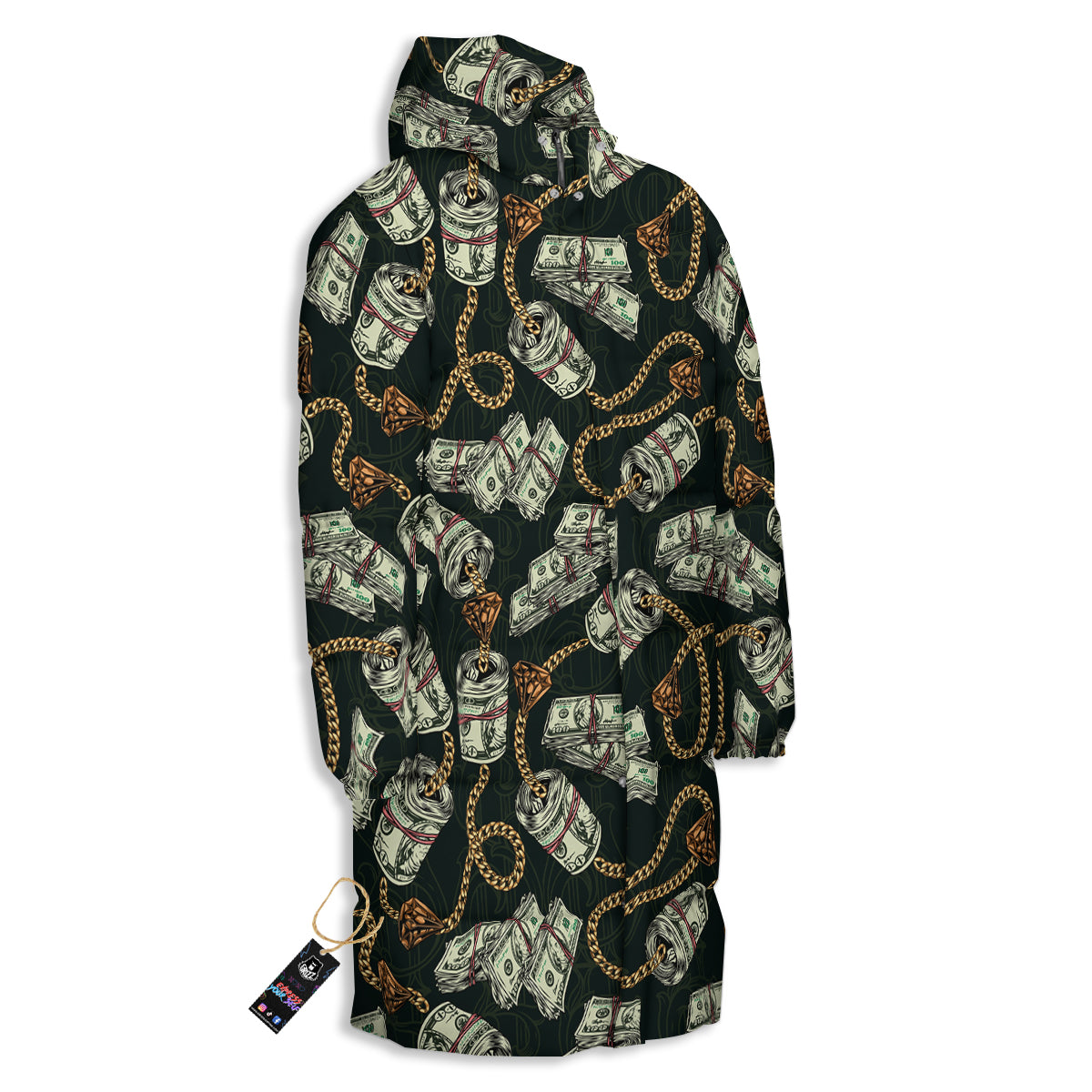 US Dollar Print Pattern Long Down Jacket-grizzshop