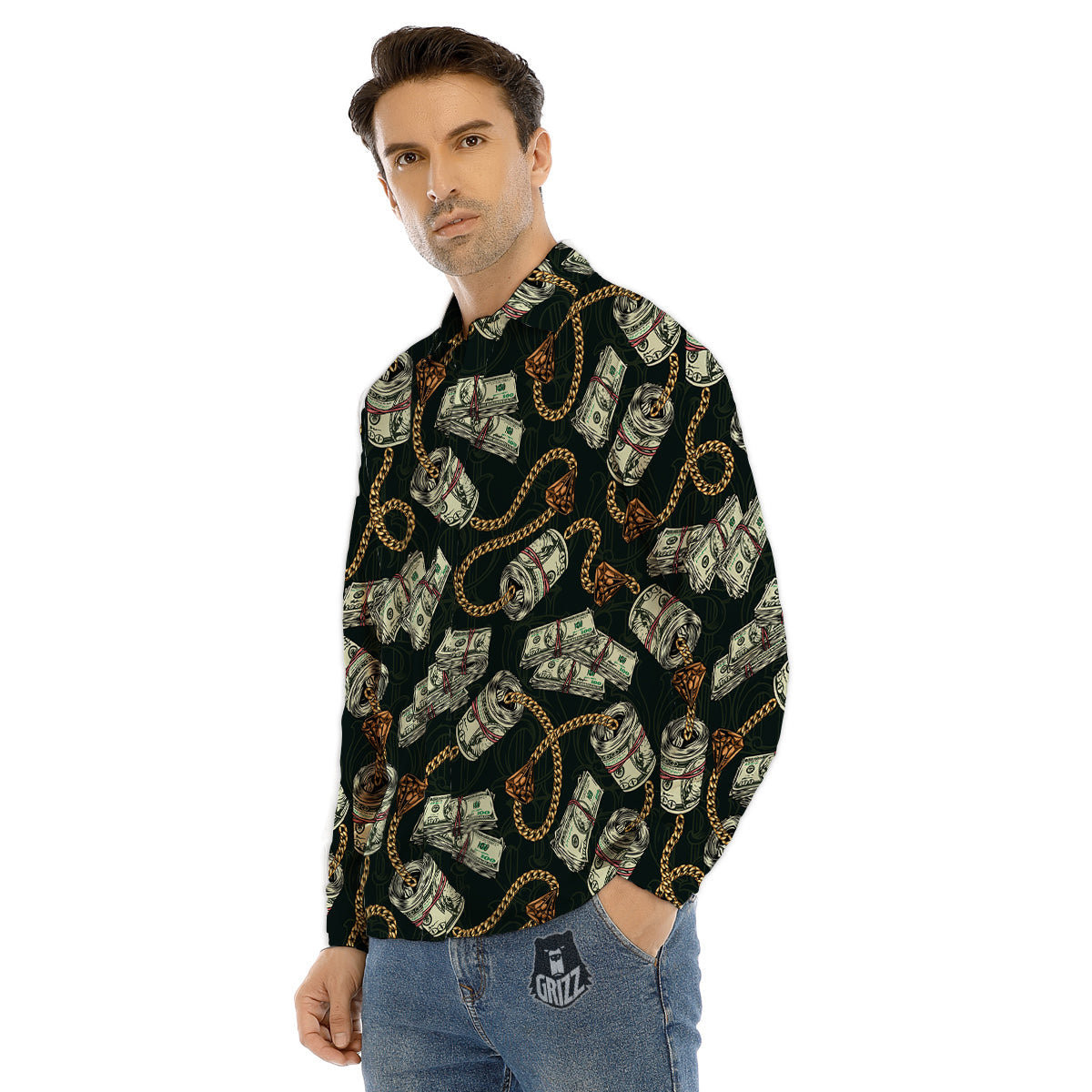 US Dollar Print Pattern Men's Dress Shirts-grizzshop