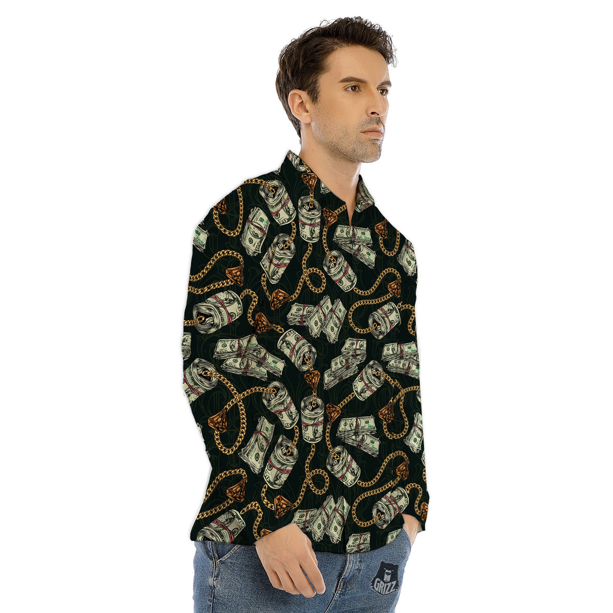 US Dollar Print Pattern Men's Dress Shirts-grizzshop