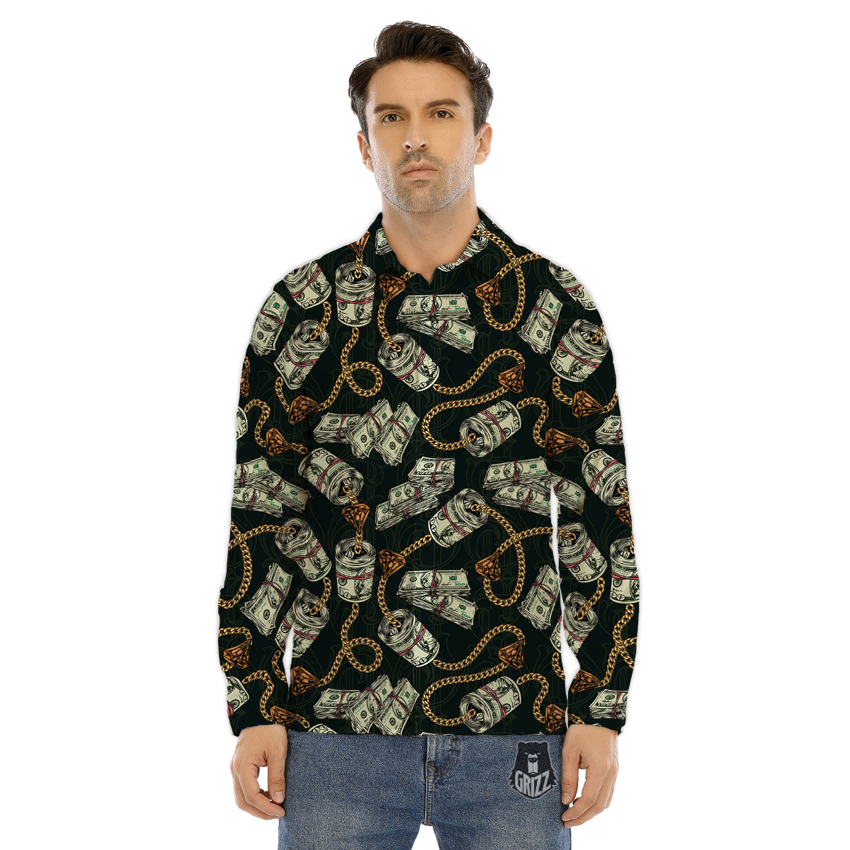 US Dollar Print Pattern Men's Dress Shirts-grizzshop