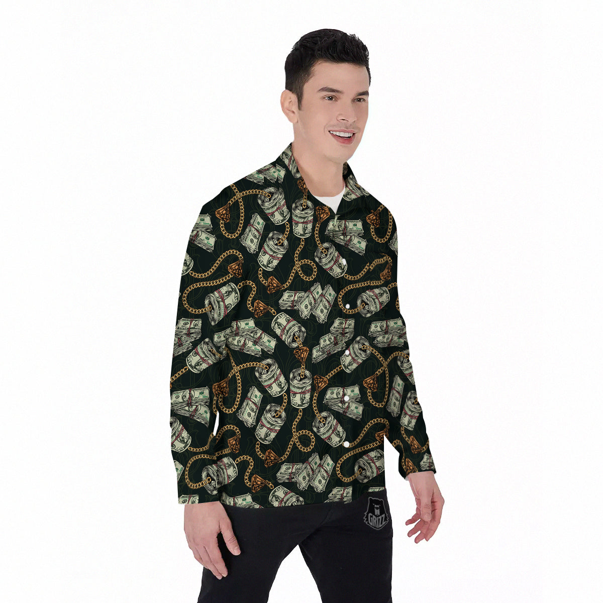 US Dollar Print Pattern Men's Long Sleeve Shirts-grizzshop