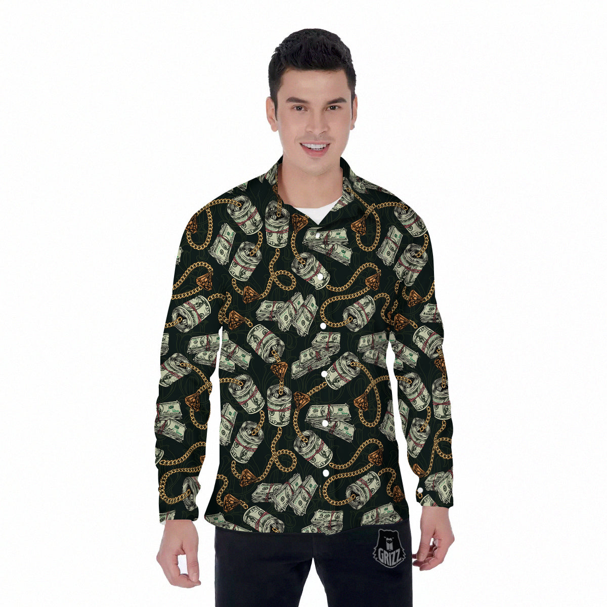 US Dollar Print Pattern Men's Long Sleeve Shirts-grizzshop