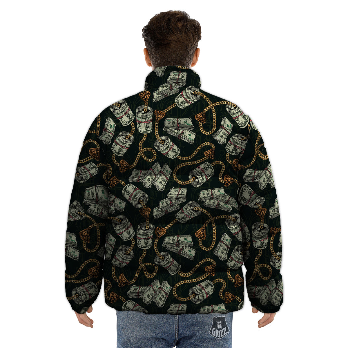 US Dollar Print Pattern Puffer Jacket-grizzshop