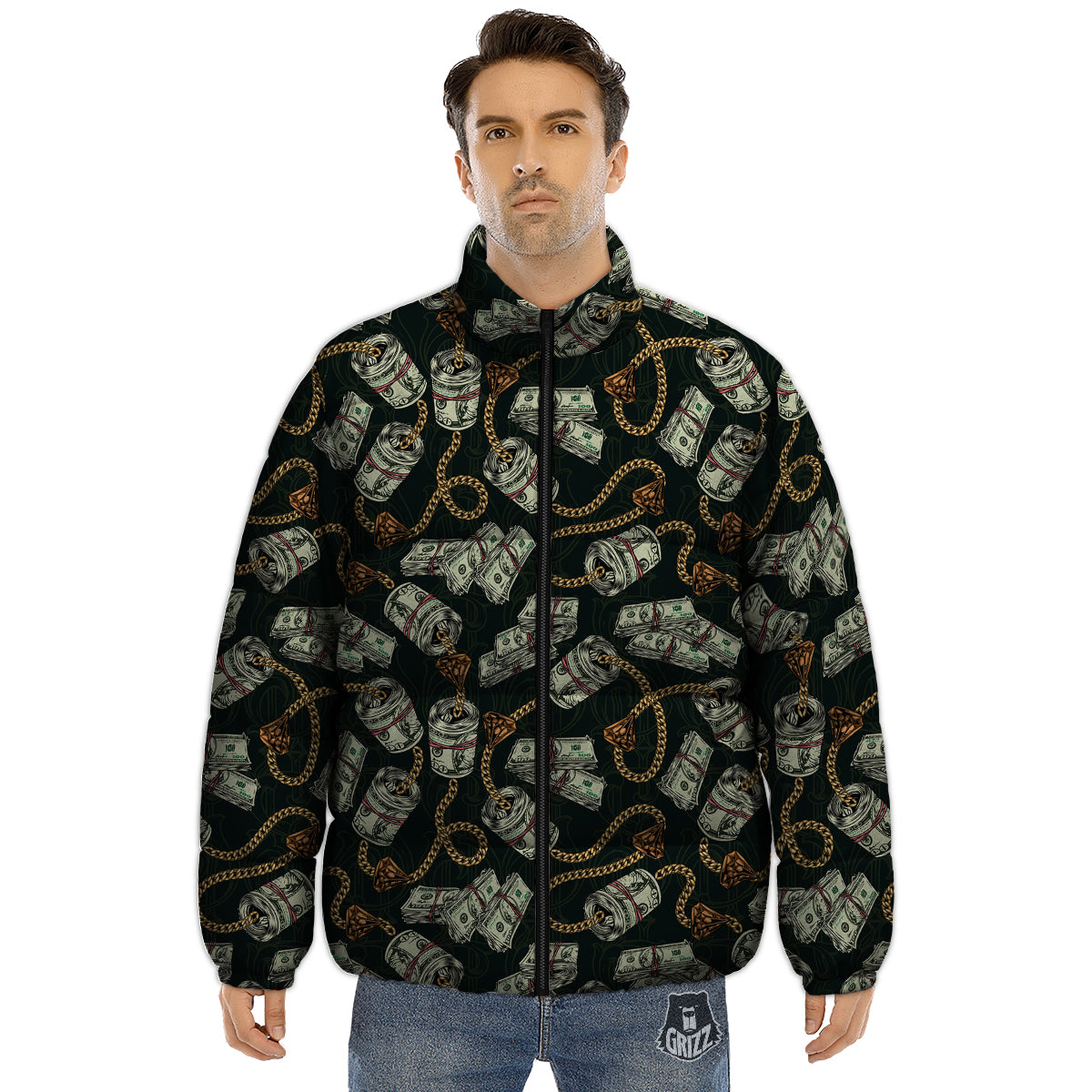 US Dollar Print Pattern Puffer Jacket-grizzshop