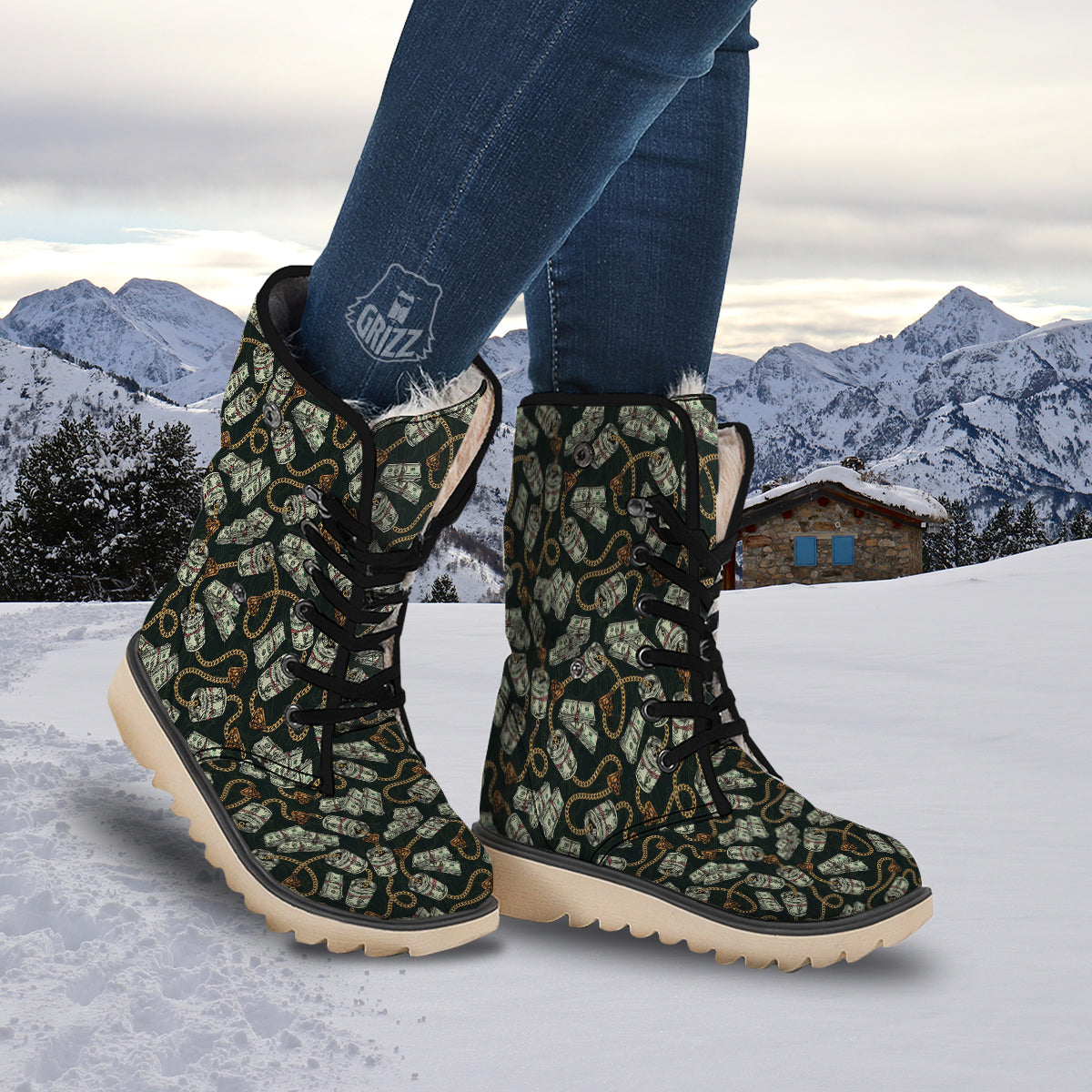 US Dollar Print Pattern Snow Boots-grizzshop
