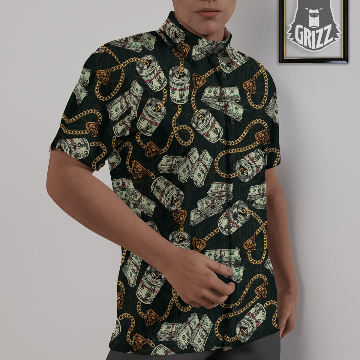 US Dollar Print Pattern Untucked Shirts-grizzshop