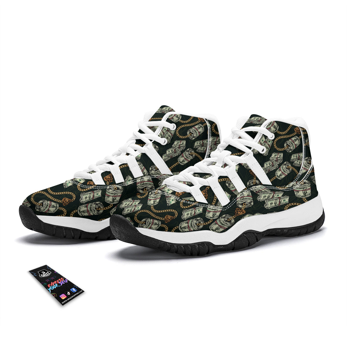 US Dollar Print Pattern White Bball Shoes-grizzshop