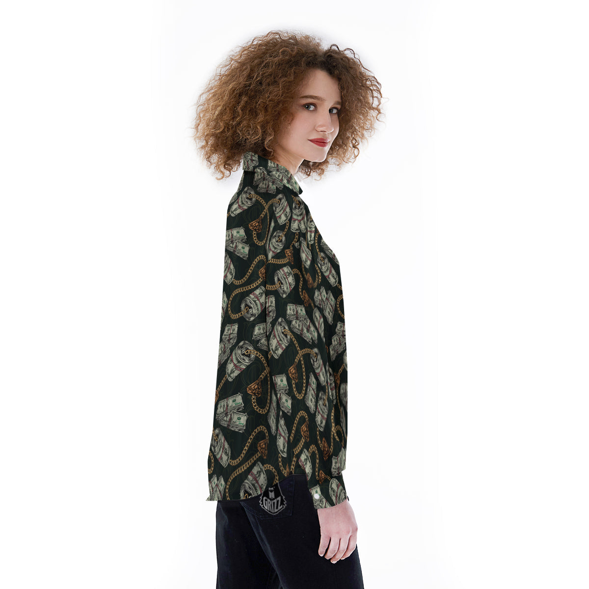 US Dollar Print Pattern Women's Long Sleeve Shirts-grizzshop