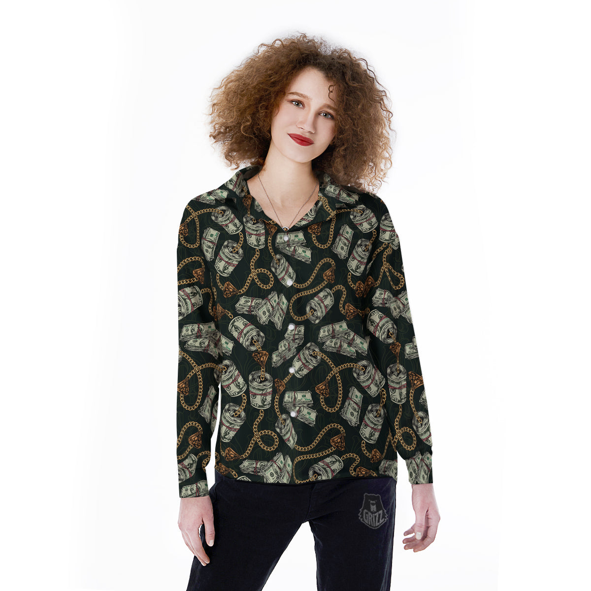 US Dollar Print Pattern Women's Long Sleeve Shirts-grizzshop