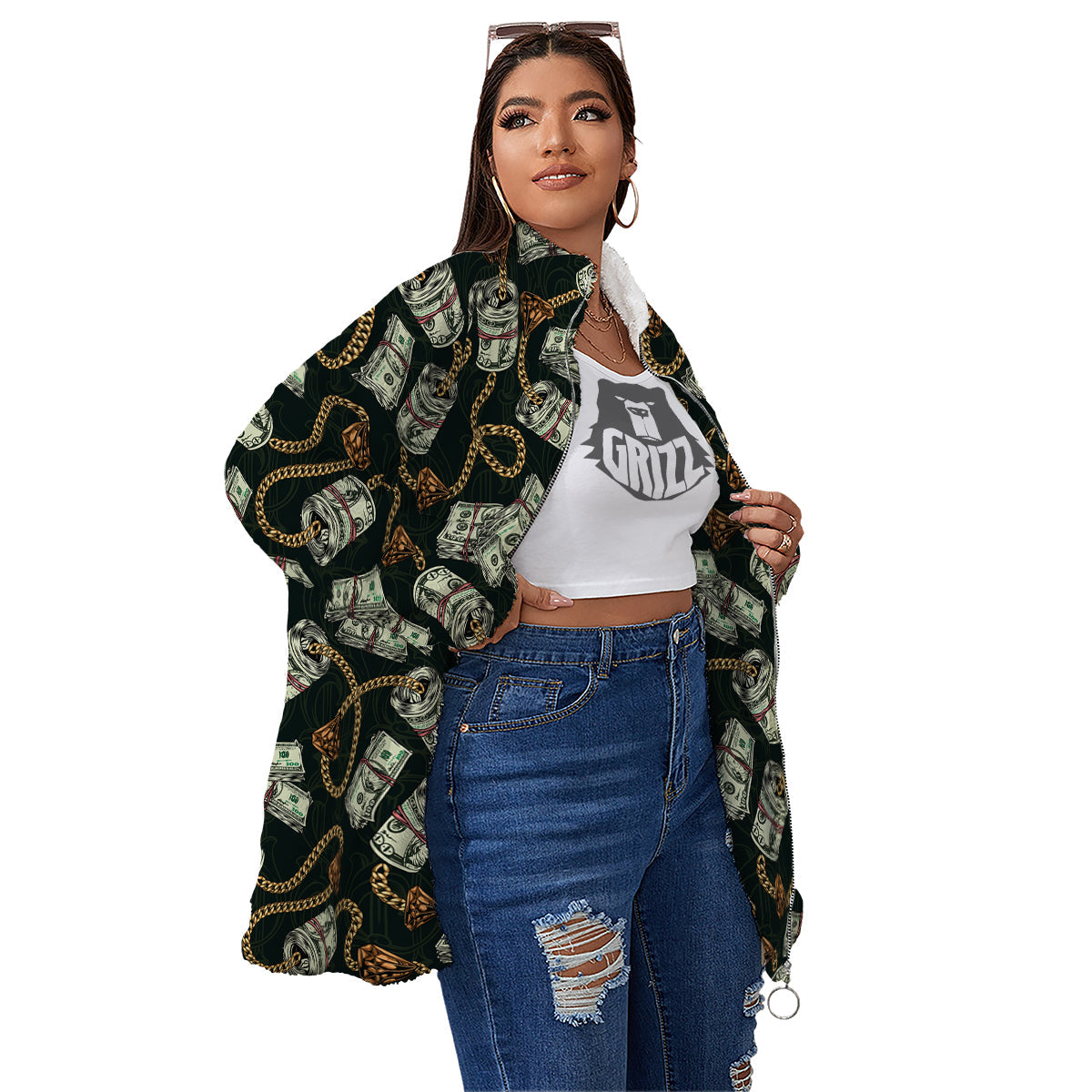 US Dollar Print Pattern Women's Sherpa Jacket-grizzshop