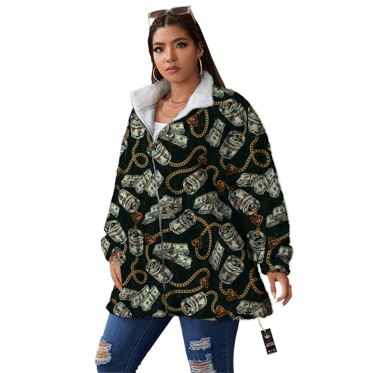US Dollar Print Pattern Women's Sherpa Jacket-grizzshop