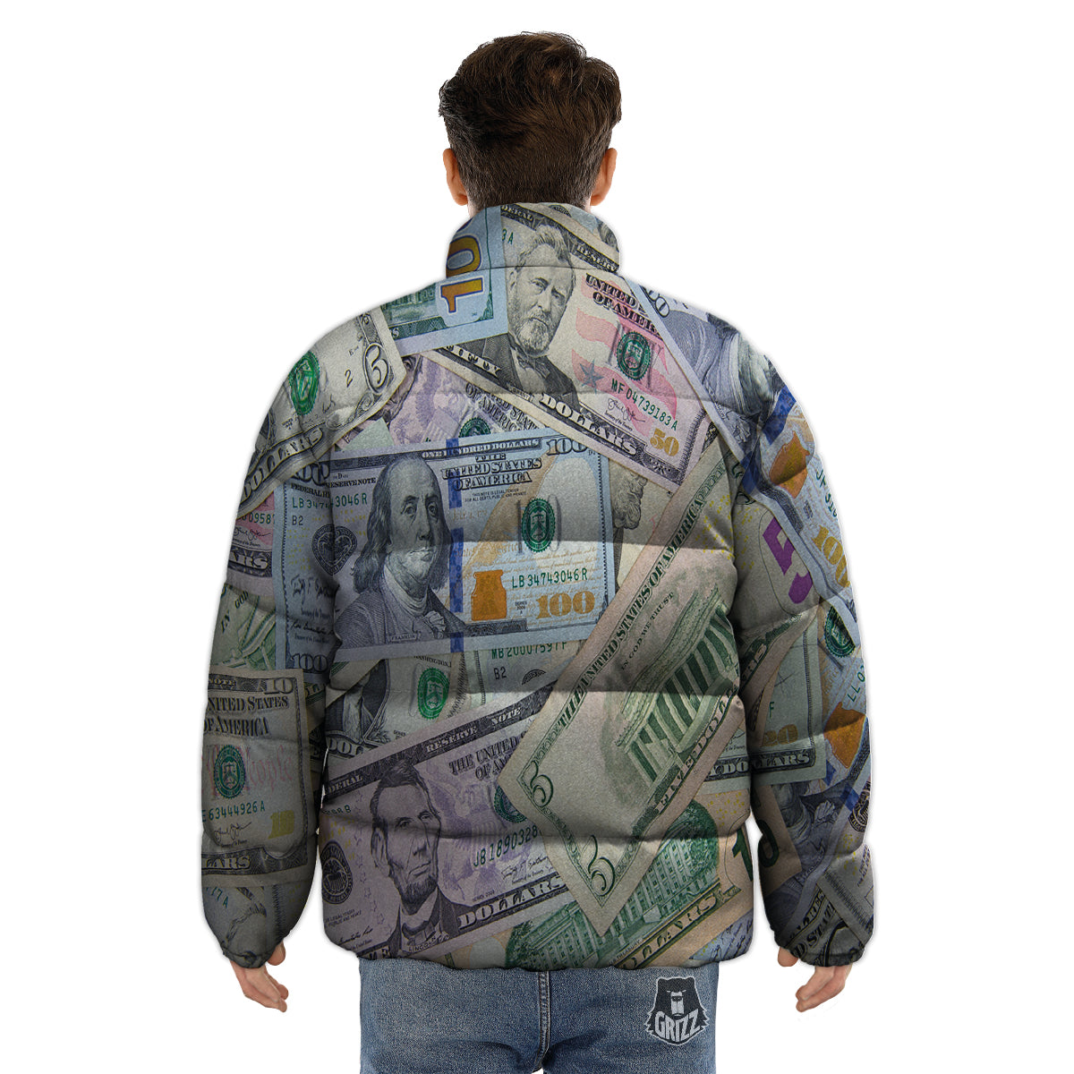US Dollar Print Puffer Jacket-grizzshop