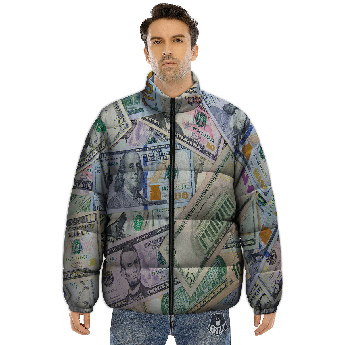 US Dollar Print Puffer Jacket-grizzshop